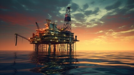 Large Offshore oil rig drilling platform at sunset and beautiful sky in the gulf.