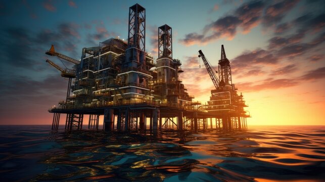 Large Offshore oil rig drilling platform at sunset and beautiful sky in the gulf.