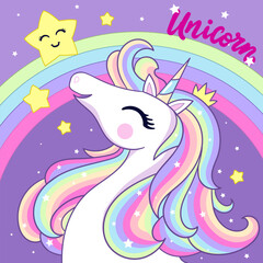 Obraz na płótnie Canvas White cute unicorn looks at the stars against the background of a rainbow. Inscription Unicorn. For children's designs, prints, posters, non-adhesives, postcards, puzzles, etc. Magic theme. Vector