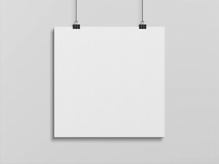 Blank squared poster hanging with clips on a white wall Mockup. 3D rendering