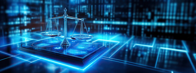 Law scales on background of data center. Digital law concept of duality of Judiciary, Jurisprudence and Justice and data in the modern world - obrazy, fototapety, plakaty
