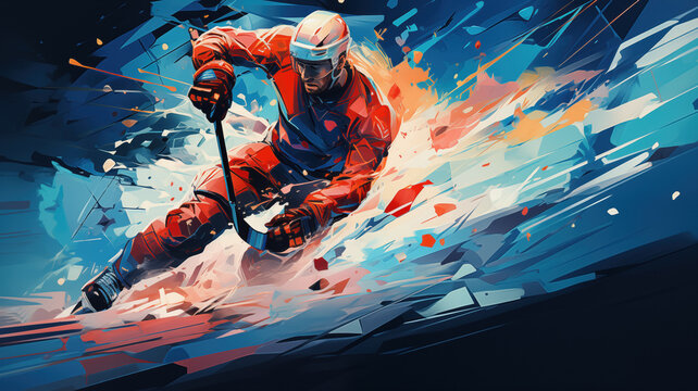 Ice hockey player in the style of bright geometric abstractions by Generative AI