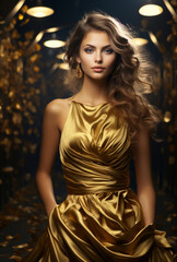 Fototapeta premium Beauty, glitter and caucasian woman with gold makeup on black background with art, paint and cosmetics. Shine, glow and model in studio for facial fashion, aesthetic freedom and luxury skincare.