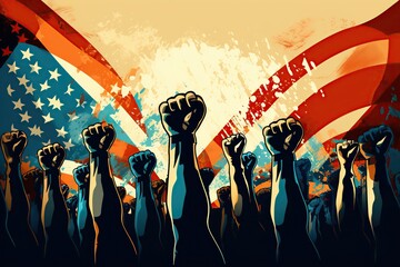 Martin Luther King Jr. Day with raised fist. Spirit freedom hands clenched civil rights of blacks.