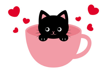 vector background with a cat in a coffee cup and hearts for banners, cards, flyers, social media wallpapers, etc.