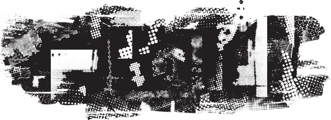 Obraz premium Glitch distorted grange shape . Noise grungy logo . Trendy defect error shapes . Glitched frame .Grunge textured . Distressed effect .Vector shapes with a halftone dots screen print texture.