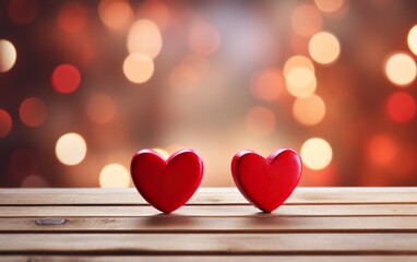 Romantic Valentine's Day bokeh blurred background - Two Shiny Red hearts standing on a wooden table with copy space. Party invitation, greetings, celebration concept.
