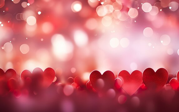 Glowing Valentine's Day blurred heart shape bokeh background with copy space. Party invitation, greetings, celebration design concept.
