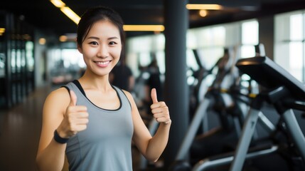 Obraz premium Woman doing exercising and taking photograph selfie in the sport club gym background.