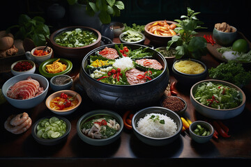 Close-up view of different food in bowls on table