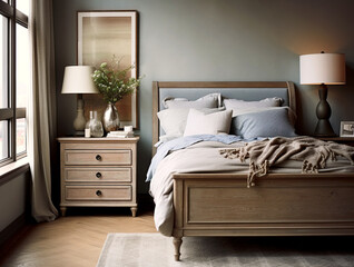 Vintage wooden drawer nightstand near bed with blue pillows. Retro, farmhouse, country, provence style interior design of bedroom.