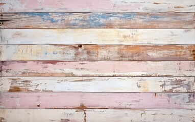 Beautiful Pastel pink, blue and beige color texture of old cracked wooden boards. Horizontal artistic background with space for design.