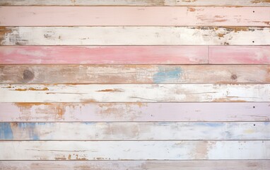 Beautiful Pastel pink, blue and beige color texture of old cracked wooden boards. Horizontal artistic background with space for design.