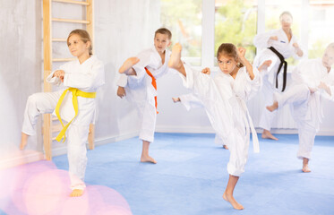 Young karate students gather in dojo to practice their kicks and punches under the watchful eye of their sensei.