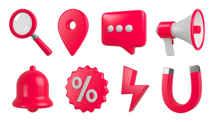 Red collection of realistic UI icons. Set digital marketing symbols or elements for networking sites and applications isolated. 3d rendering.
