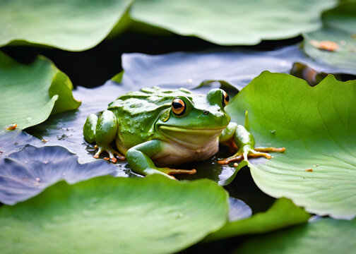 Cute frog on a lotus leaf in a pond image. Natural animal photography for background, wall art, wallpaper and other designs.