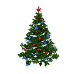 Christmas tree with decorations, isolate on a transparent background, 3D illustration, cg render