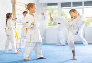 Child boys and girls partners during martial arts karate class train to perform basic blows to opponent with hands and feet. Preparation of athletes for competitions
