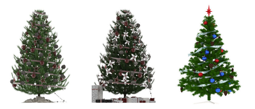 Christmas tree with decorations, isolate on a transparent background, 3D illustration, cg render