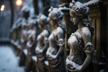 Fototapeta na wymiar Snow-covered Statues and Monuments: Explore the contrast between historical or artistic structures and the wintery environment. - Generative AI