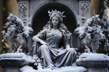 Naklejka premium Snow-covered Statues and Monuments: Explore the contrast between historical or artistic structures and the wintery environment. - Generative AI