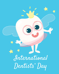 Greeting card for the International Day of the Dentist. Tooth Fairy. A very cute tooth with wings, a crown and a magic wand.