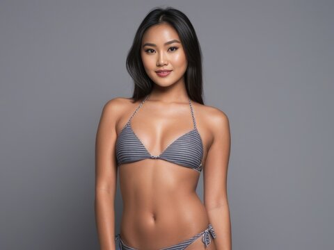 Asian woman in bikini over gray background