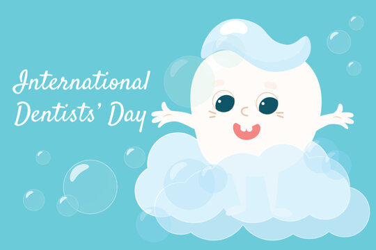 Dentist's Day greeting card. A small healthy baby tooth with toothpaste on top. © Kateryna Polishchuk
