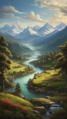 Fototapeta na wymiar mountain landscape in the morning, HD Painting Generative AI
