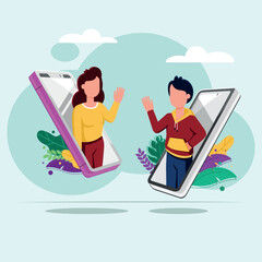 flat illustration of a boy and girl communicating using a cellphone