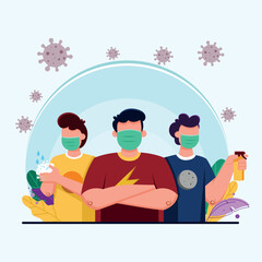 flat illustration of three young people taking action against the virus