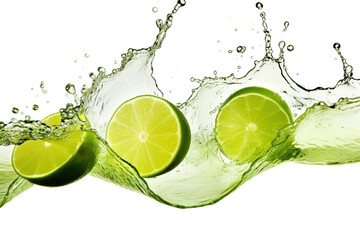Slices of lime in a splash of water isolated on a white background.