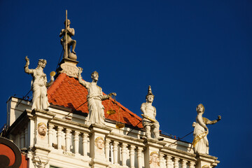 2022-12-15 historical building against the background of the blue sky on Dluga street of Gdansk, Poland