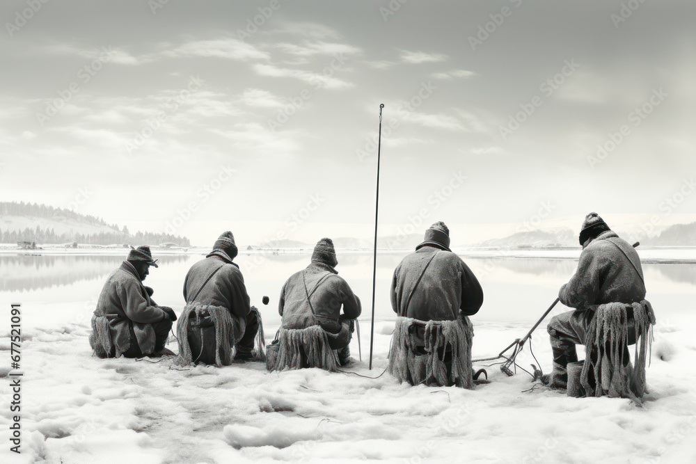 Poster Ice Fishing: Photograph ice fishermen patiently waiting for their catch on frozen lakes. - Generative AI