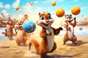 squirrels playing volleyball on the beach