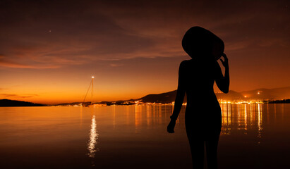 kobieta w kapeluszu na tle zachodzącego słońca nad morzem z widokiem na zatoke