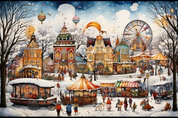 Obraz premium Winter Carnivals: Vibrant and lively scenes at winter festivals, complete with colorful costumes and activities. - Generative AI