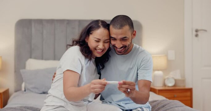 Bedroom, hug or happy couple with pregnancy test and planning for baby together in home. Smile, support or proud man in celebration of fertility success or good news with an excited pregnant woman