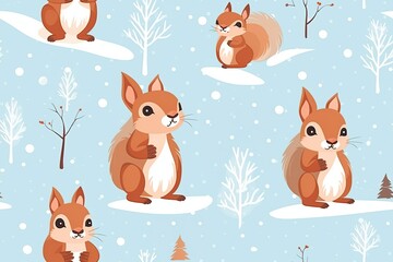 festive Christmas seamless pattern with squirrels in winter in the forest on blue background