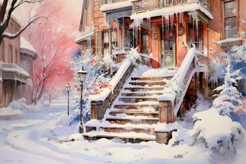 Snowy Staircases: Showcase the architectural beauty of snow-covered stairs, especially in historic areas. - Generative AI