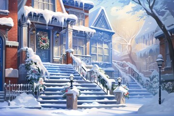 Obraz premium Snowy Staircases: Showcase the architectural beauty of snow-covered stairs, especially in historic areas. - Generative AI
