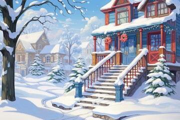 Fototapeta premium Snowy Staircases: Showcase the architectural beauty of snow-covered stairs, especially in historic areas. - Generative AI