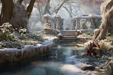 Frozen Water Features: Photograph fountains, ponds, and other water features turned into icy sculptures. - Generative AI