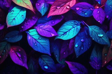 Neon tropical leaves on dark background. Colorful plants glowing in dark rainforest. Creative fluorescent nature concept. Minimal surrealism backdrop