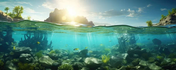 Papier Peint photo Récifs coralliens World ocean wildlife landscape, sunlight through water surface with coral reef on the ocean floor, natural scene. Abstract underwater background