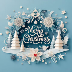 Christmas greeting card with Christmas trees and snow on a light blue background. Paper cutouts. Merry Christmas message