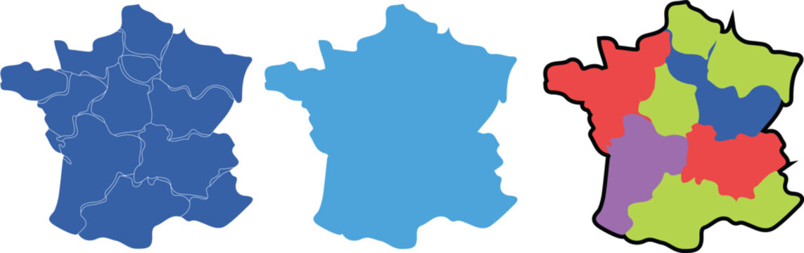 France map with different style isolated on a white background.  Vector illustration