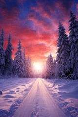 Winter panorama landscape. Forest, trees and road covered snow. Sunrise, winterly morning of a new day. Purple landscape with sunset. Happy New Year and Christmas concept - obrazy, fototapety, plakaty