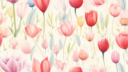 Watercolor-style Tulip Garden - obrazy, fototapety, plakaty