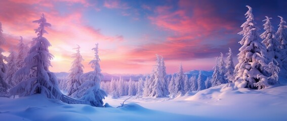 Winter panorama landscape. Field and mountains covered snow. Sunrise, winterly morning of a new day. Purple landscape with sunset. Happy New Year and Christmas concept